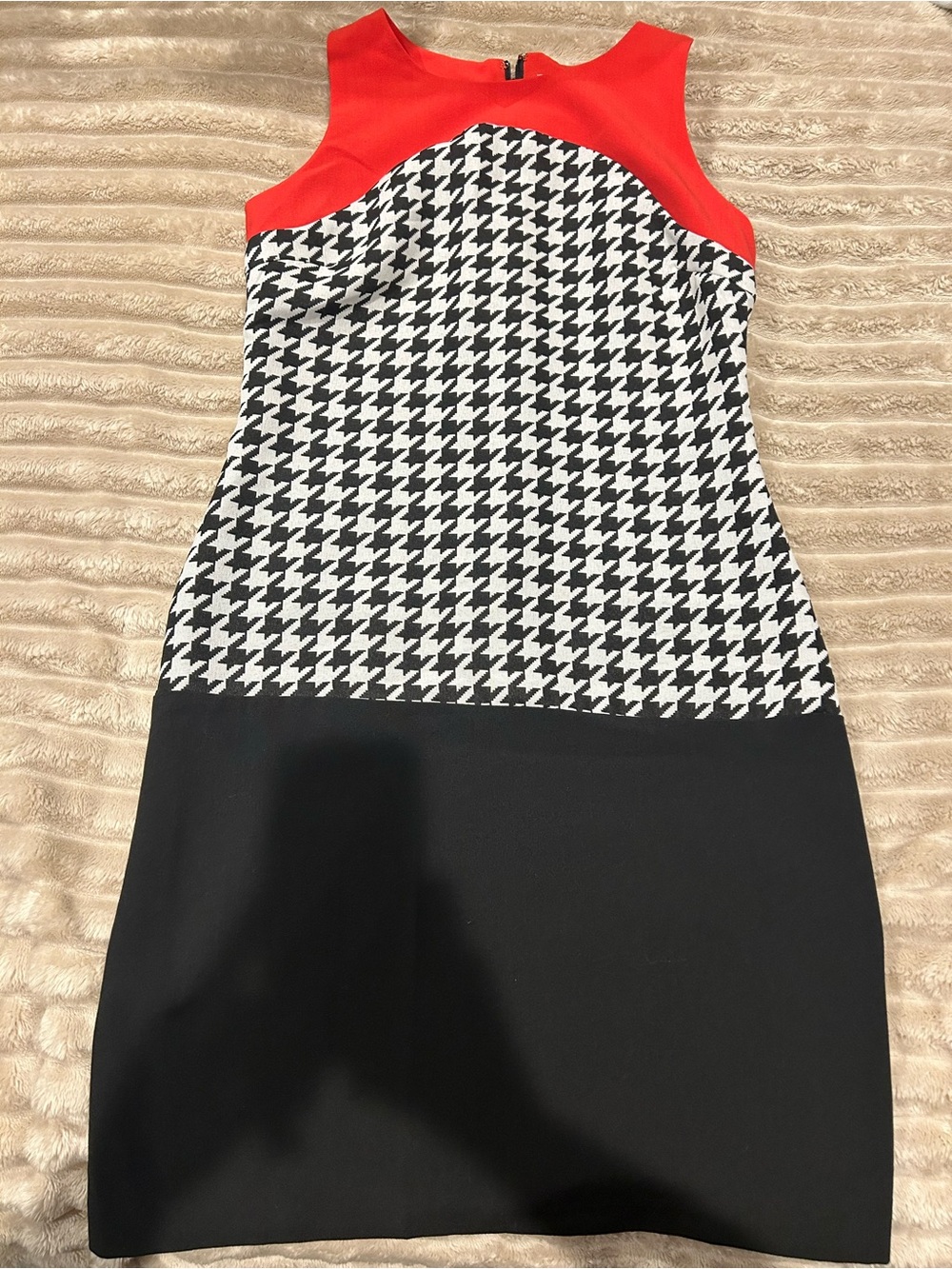 Shelby & Palmer Red, Black and White Houndstooth Midi Sheath Dress